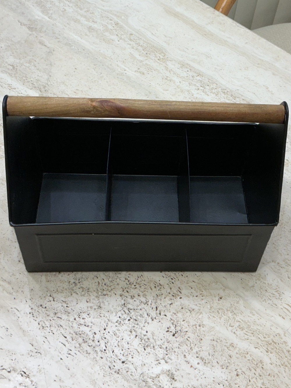 Black Metal Utility Storage Caddy With Wooden Cylinder Handle